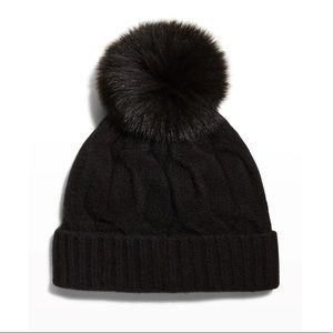 Sofia Cashmere Black New York Cable Knit Beanie w/ Fox Fur